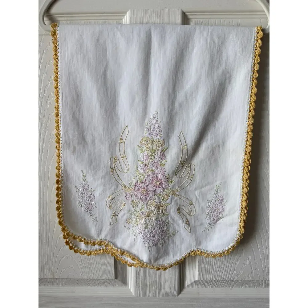 Vintage 38” Embroidered Floral Table Runner Yellow Lace Trim Cottagecore Granny